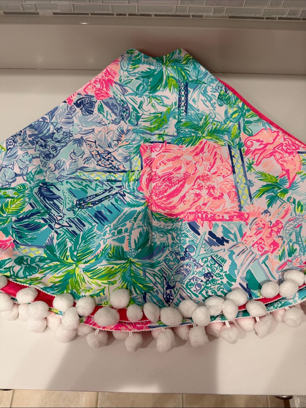 Lilly Pulitzer Tropical Pom-Pom Christmas Tree skirt in Pink & Multicolor